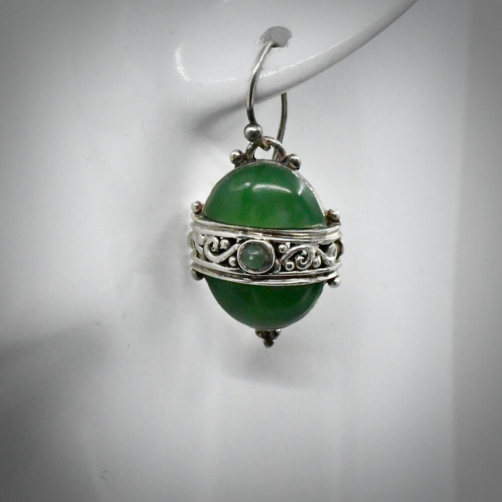 Vintage 925 Sterling Silver Green Chrysoprase Chalcedony Cage Drop Earrings 8.9g